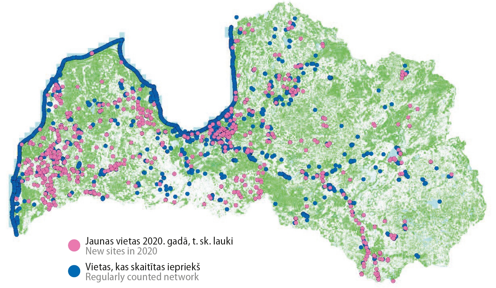1. ATTĒLS. Ziemojošo ūdensputnu uzturēšanās vietu apsekotība 2020. gada janvārī. /// FIGURE 1. Wintering waterfowl sites surveyed in January 2020.